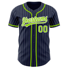 Load image into Gallery viewer, Custom Navy White Pinstripe Neon Green Authentic Baseball Jersey
