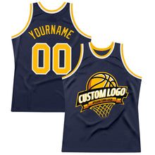 Load image into Gallery viewer, Custom Navy Gold-White Authentic Throwback Basketball Jersey
