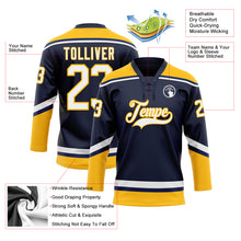 Load image into Gallery viewer, Custom Navy White-Gold Hockey Lace Neck Jersey
