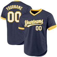 Load image into Gallery viewer, Custom Navy White-Gold Authentic Throwback Baseball Jersey
