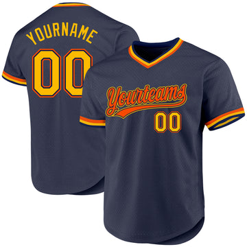 Custom Navy Gold-Orange Authentic Throwback Baseball Jersey