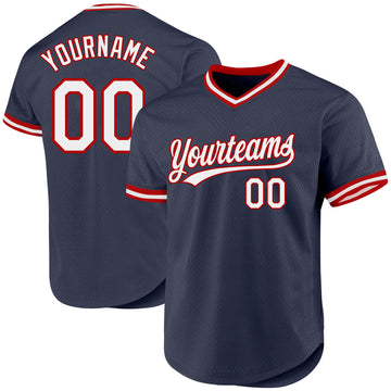 Custom Navy White-Red Authentic Throwback Baseball Jersey