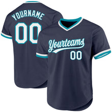 Load image into Gallery viewer, Custom Navy White-Teal Authentic Throwback Baseball Jersey
