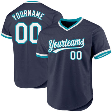 Custom Navy White-Teal Authentic Throwback Baseball Jersey