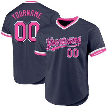 Custom Navy Pink-White Authentic Throwback Baseball Jersey