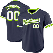 Load image into Gallery viewer, Custom Navy White-Neon Green Authentic Throwback Baseball Jersey
