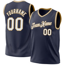 Load image into Gallery viewer, Custom Navy White-Old Gold Authentic Throwback Basketball Jersey
