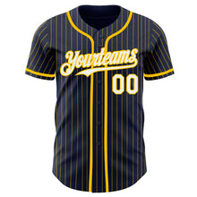 Load image into Gallery viewer, Custom Navy Yellow Pinstripe White Authentic Baseball Jersey
