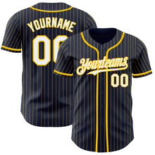 Load image into Gallery viewer, Custom Navy Yellow Pinstripe White Authentic Baseball Jersey
