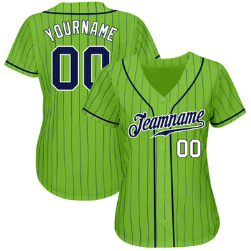 Custom Neon Green Navy Pinstripe Navy-White Authentic Baseball Jersey