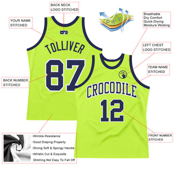 Custom Neon Green Navy-White Authentic Throwback Basketball Jersey