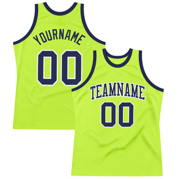 Custom Neon Green Navy-White Authentic Throwback Basketball Jersey