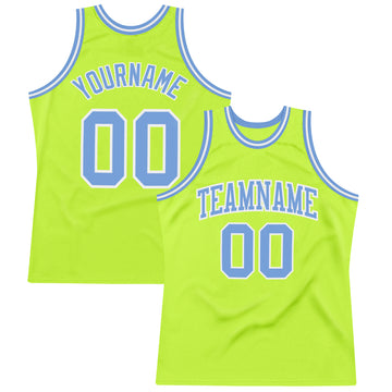 Custom Neon Green Light Blue-White Authentic Throwback Basketball Jersey