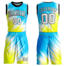 Load image into Gallery viewer, Custom Neon Green White-Light Blue Round Neck Sublimation Basketball Suit Jersey
