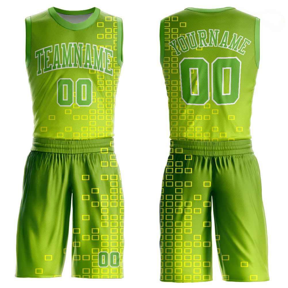 Custom Neon Green Neon Green-Gold Round Neck Sublimation Basketball Suit Jersey