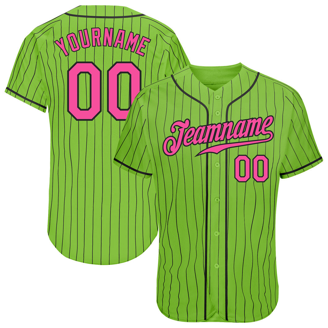 Custom Neon Green Black Pinstripe Pink-Black Authentic Baseball Jersey