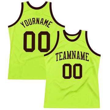 Custom Neon Green Brown Authentic Throwback Basketball Jersey