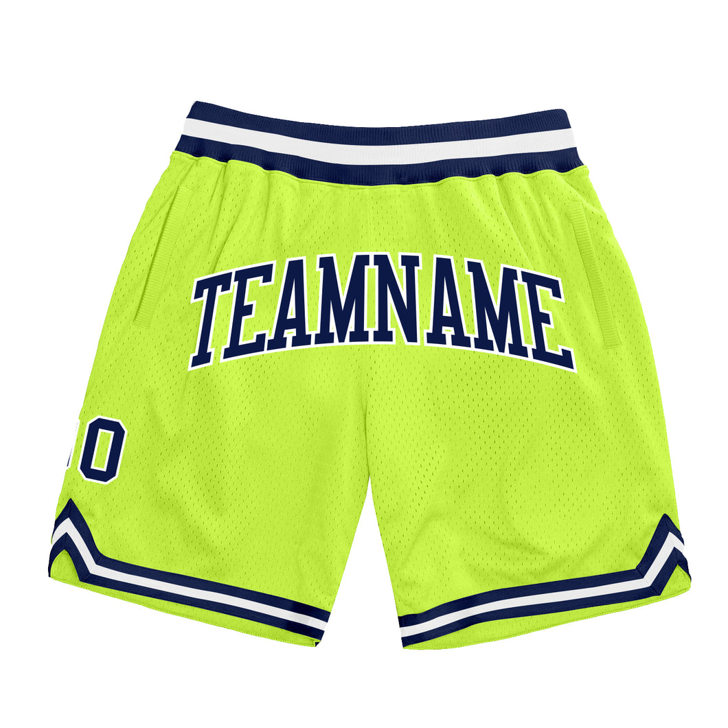 Custom Neon Green Navy-White Authentic Throwback Basketball Shorts