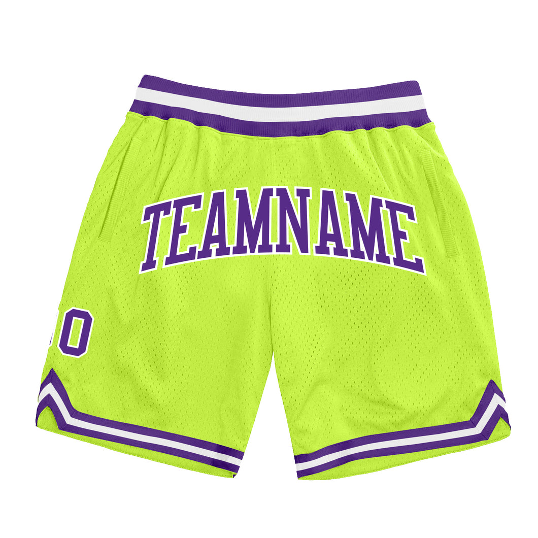 Custom Neon Green Purple-White Authentic Throwback Basketball Shorts