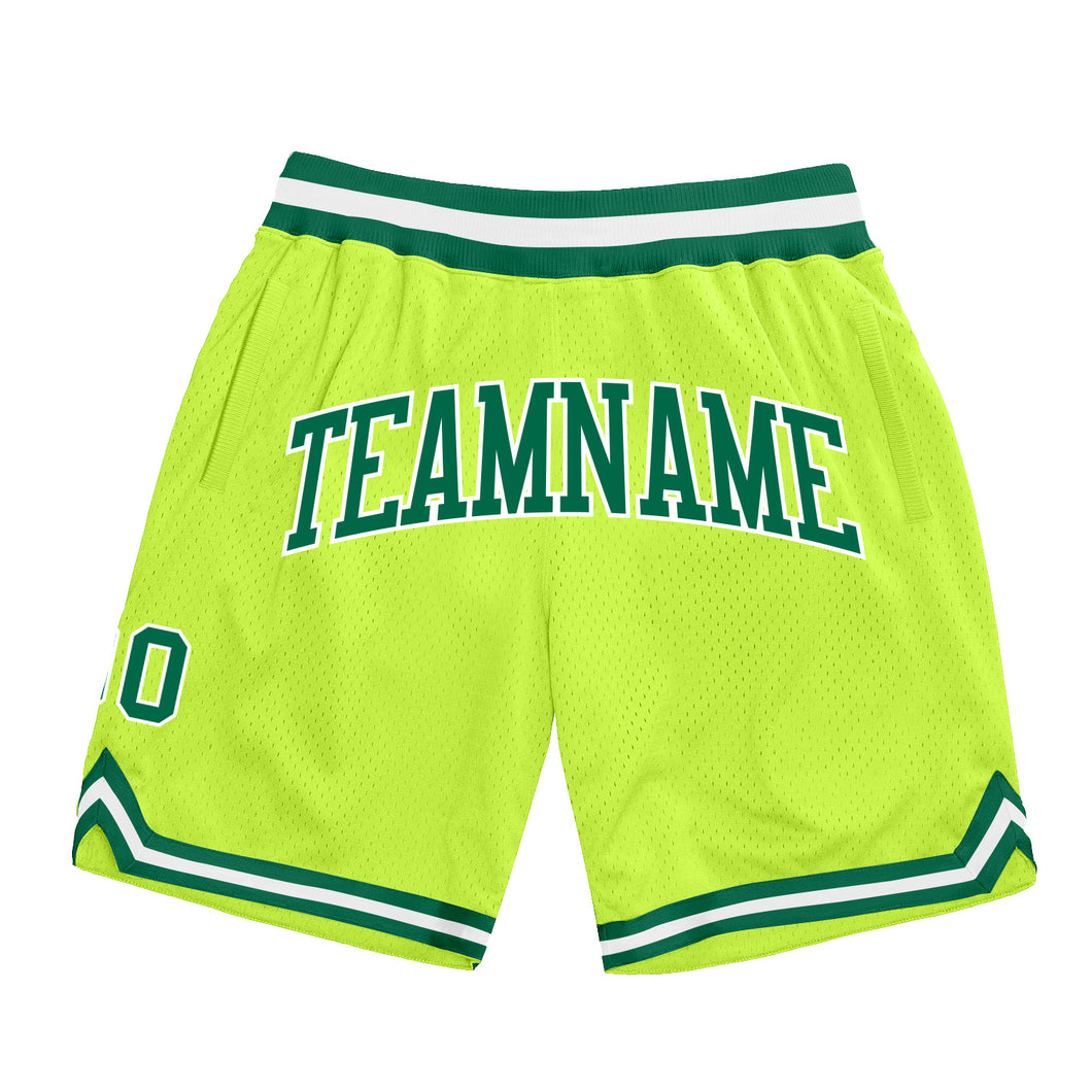 Custom Neon Green Kelly Green-White Authentic Throwback Basketball Shorts