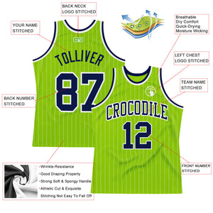 Custom Neon Green White Pinstripe Navy-White Authentic Basketball Jersey