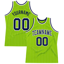 Load image into Gallery viewer, Custom Neon Green White Pinstripe Navy-White Authentic Basketball Jersey
