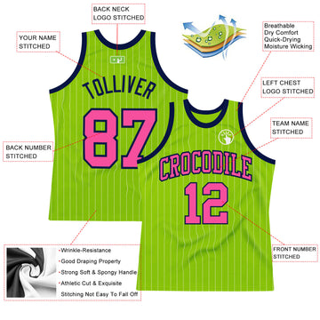 Custom Neon Green White Pinstripe Pink-Navy Authentic Basketball Jersey