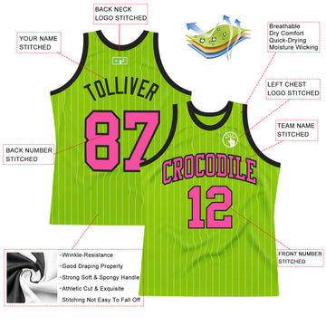 Custom Neon Green White Pinstripe Pink-Black Authentic Basketball Jersey