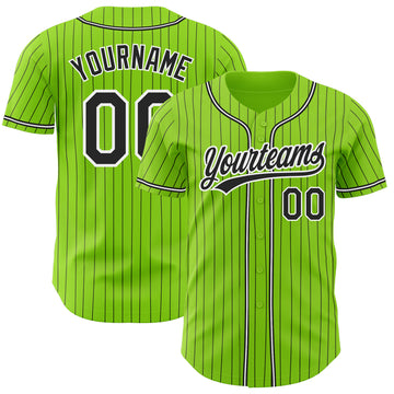 Custom Neon Green Black Pinstripe Black-White Authentic Baseball Jersey