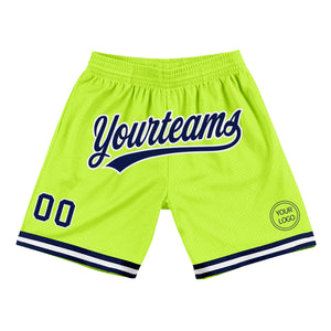 Custom Neon Green Navy-White Authentic Throwback Basketball Shorts