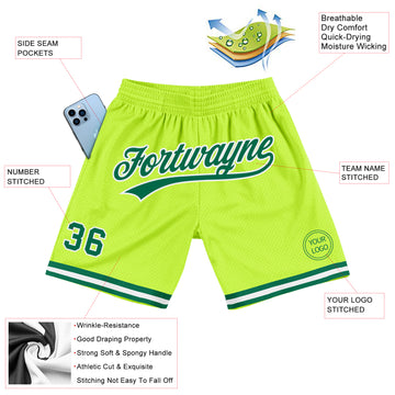 Custom Neon Green Kelly Green-White Authentic Throwback Basketball Shorts