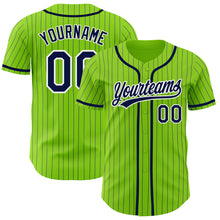 Load image into Gallery viewer, Custom Neon Green Navy Pinstripe White Authentic Baseball Jersey
