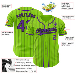 Custom Neon Green Black Pinstripe Purple Authentic Baseball Jersey