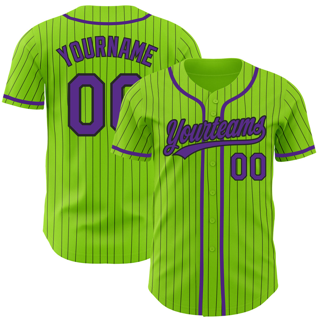 Custom Neon Green Black Pinstripe Purple Authentic Baseball Jersey