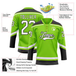 Custom Neon Green White-Black Hockey Lace Neck Jersey