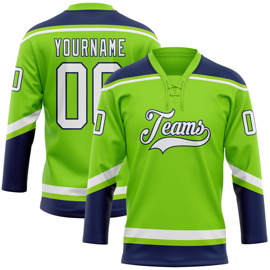 Custom Neon Green White-Navy Hockey Lace Neck Jersey