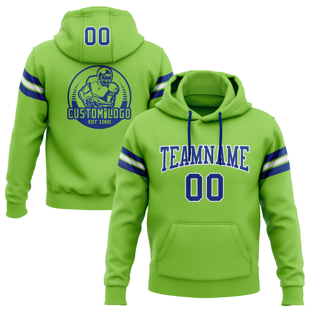 Custom Stitched Neon Green Royal-White Football Pullover Sweatshirt Hoodie