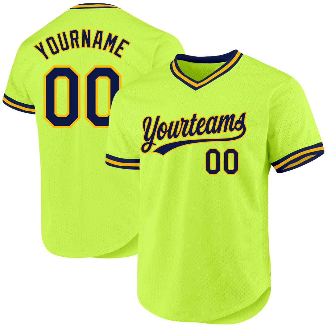 Custom Neon Green Navy-Gold Authentic Throwback Baseball Jersey