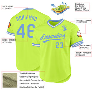 Custom Neon Green Light Blue-White Authentic Throwback Baseball Jersey