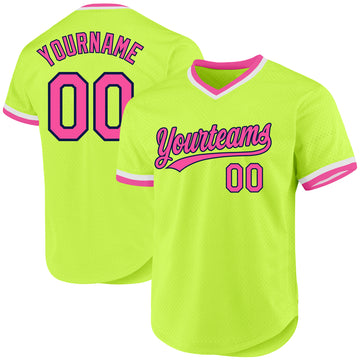 Custom Neon Green Pink-Navy Authentic Throwback Baseball Jersey