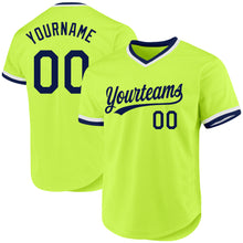 Load image into Gallery viewer, Custom Neon Green Navy-White Authentic Throwback Baseball Jersey
