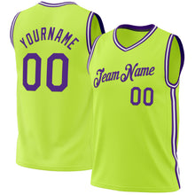 Load image into Gallery viewer, Custom Neon Green Purple-White Authentic Throwback Basketball Jersey
