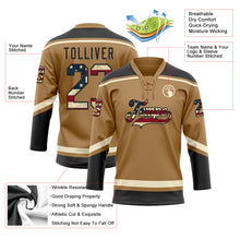 Load image into Gallery viewer, Custom Old Gold Vintage USA Flag Black-Cream Hockey Lace Neck Jersey
