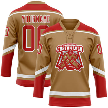 Custom Old Gold Red-White Hockey Lace Neck Jersey