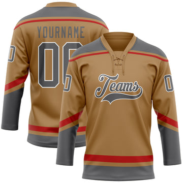 Custom Old Gold Steel Gray-White Hockey Lace Neck Jersey
