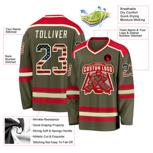 Custom Olive Vintage USA Flag Cream-Red Salute To Service Hockey Jersey