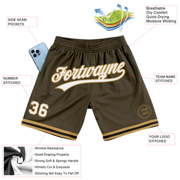 Custom Olive White Old Gold-Black Authentic Throwback Salute To Service Basketball Shorts