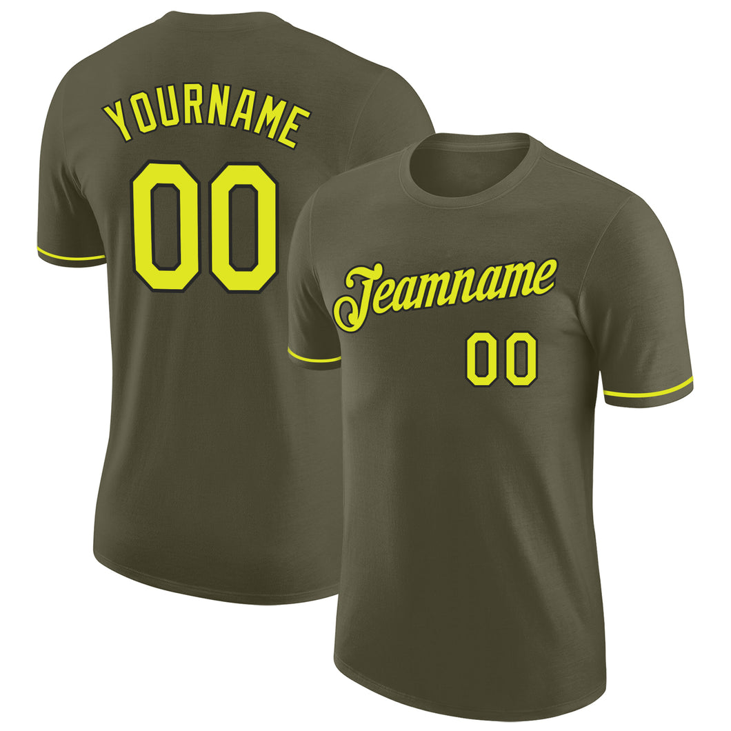 Custom Olive Neon Yellow-Black Performance Salute To Service T-Shirt