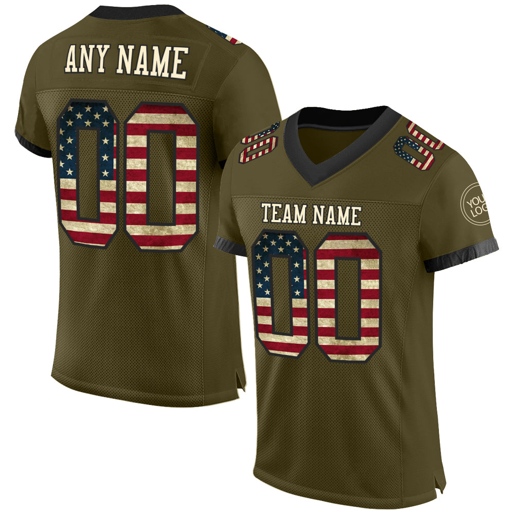 Custom Olive Vintage USA Flag Cream-Black Mesh Authentic Salute To Service Football Jersey