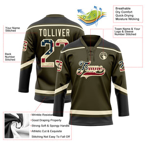 Custom Olive Vintage USA Flag Cream-Black Salute To Service Hockey Lace Neck Jersey